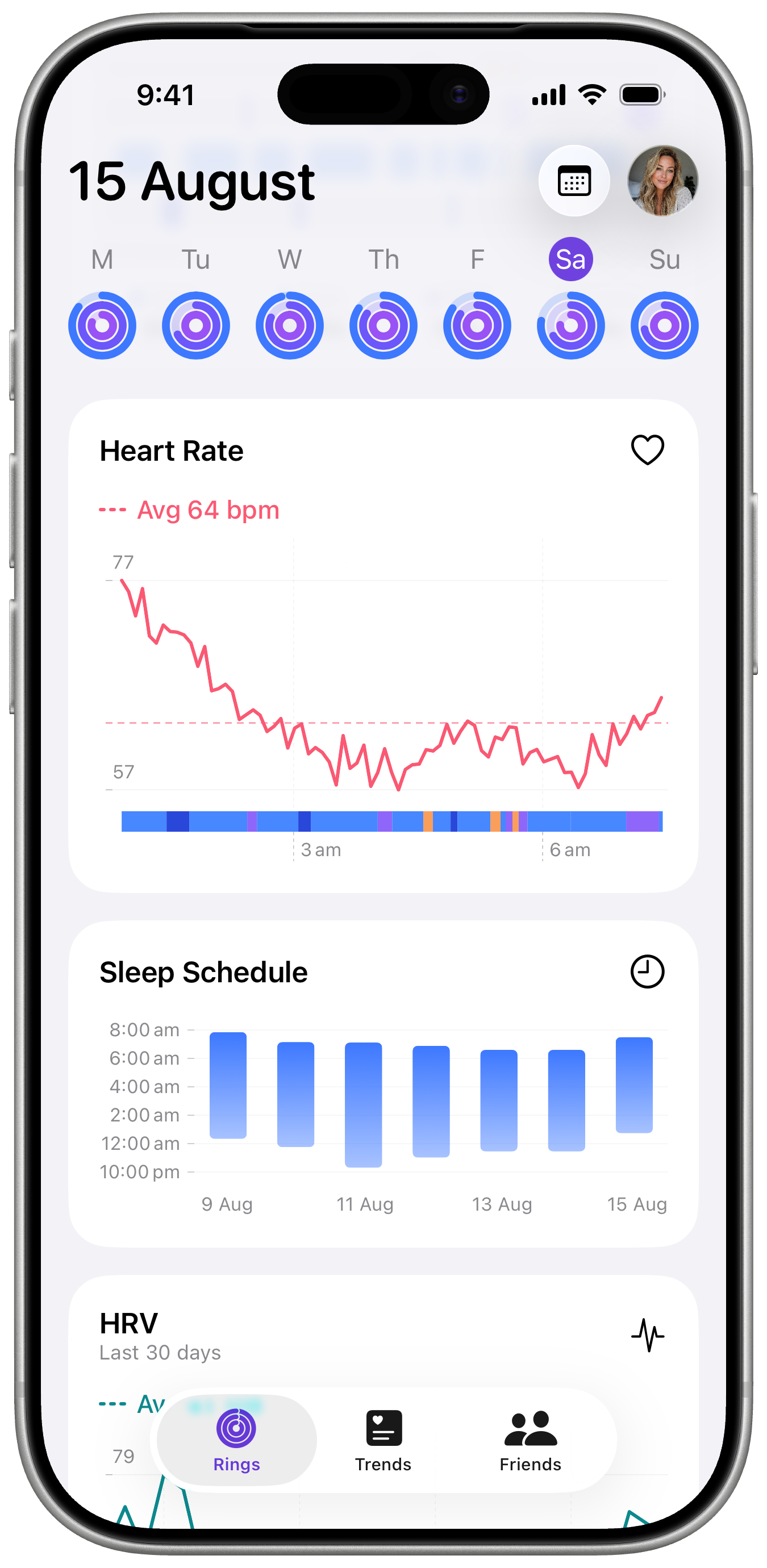 SleepKit showing daily rings, heart rate, sleep schedule, and HRV