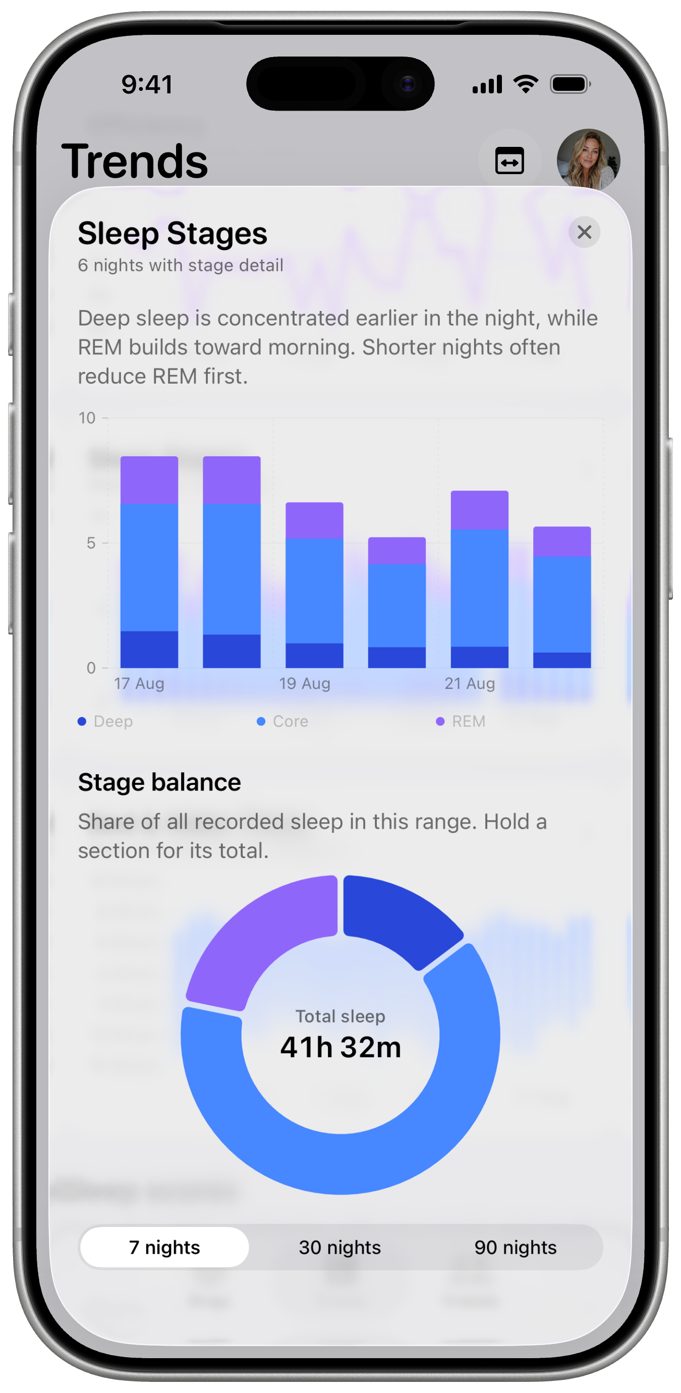 SleepKit showing sleep stages and stage balance over recent nights
